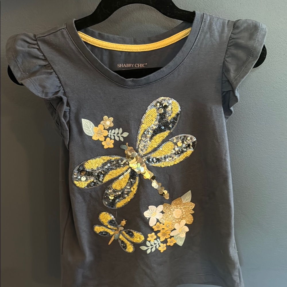 Shabby Chic Charcoal Tee with Gold and Yellow Dragonfly